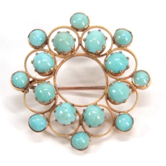 Antique 10K Yellow Gold Persian Turquoise Circle Brooch